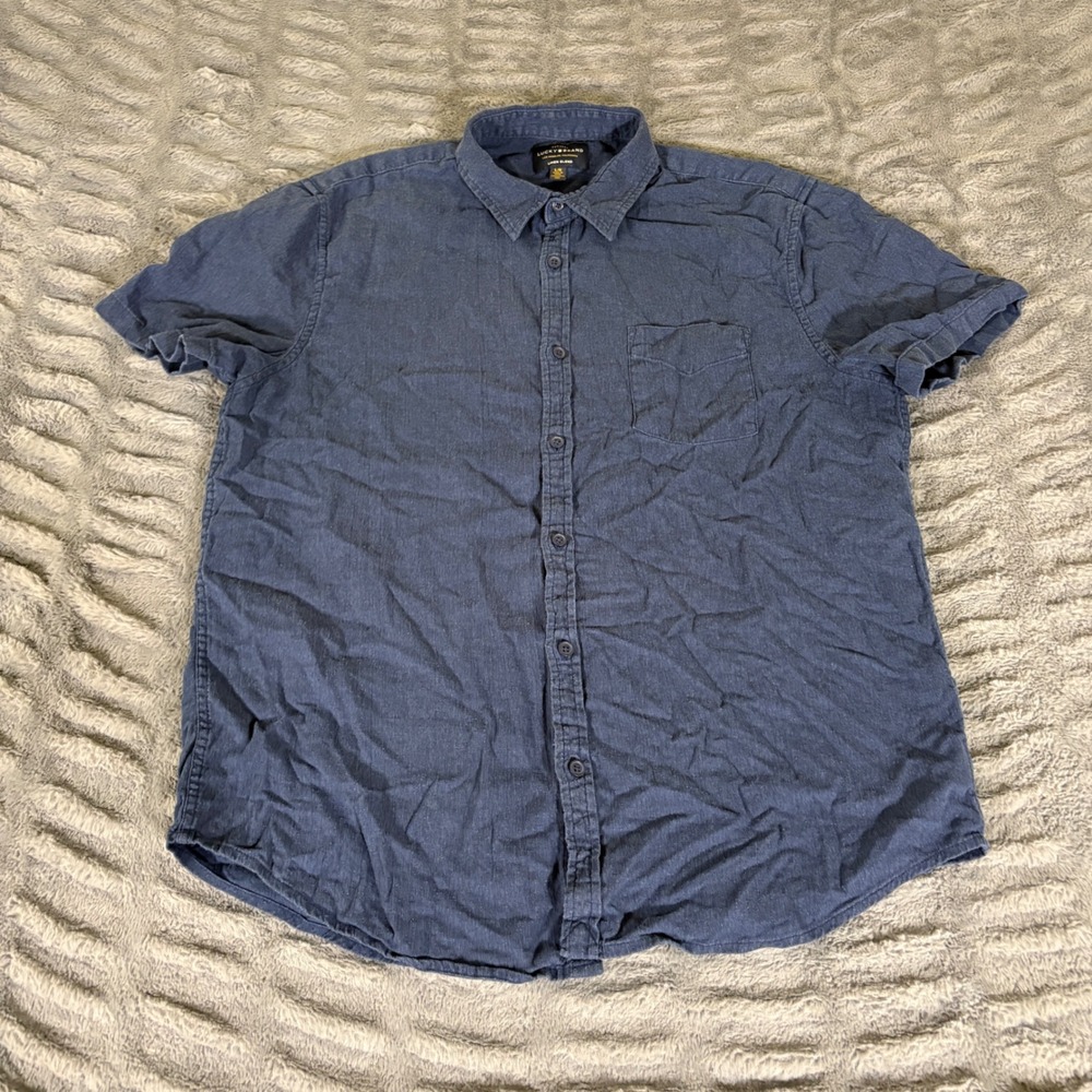 Lucky Brand Mens Blue Linen Blend Short Sleeve Button Down Shirt Large AT284